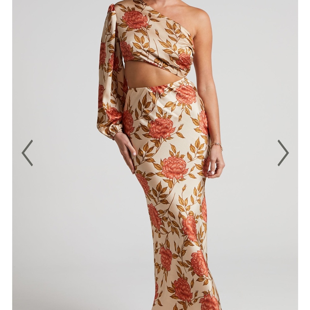 Showpo Cream One-Shoulder Floral Cut-Out Maxi Dress with Rust Roses
